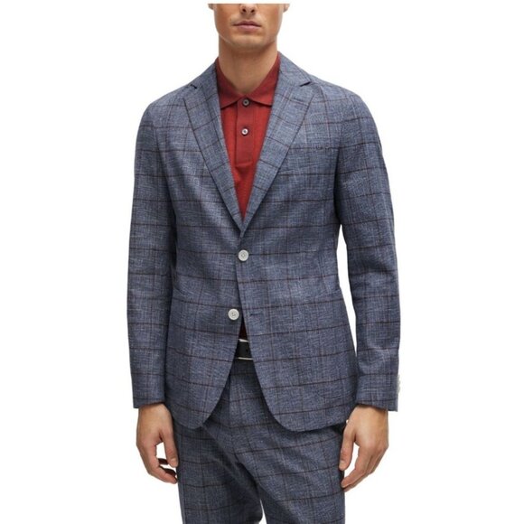 Hugo Boss Slim-Fit Micro-Patterned Jacket Blue Checkered Linen Cotton Blend Sz L - Picture 16 of 16